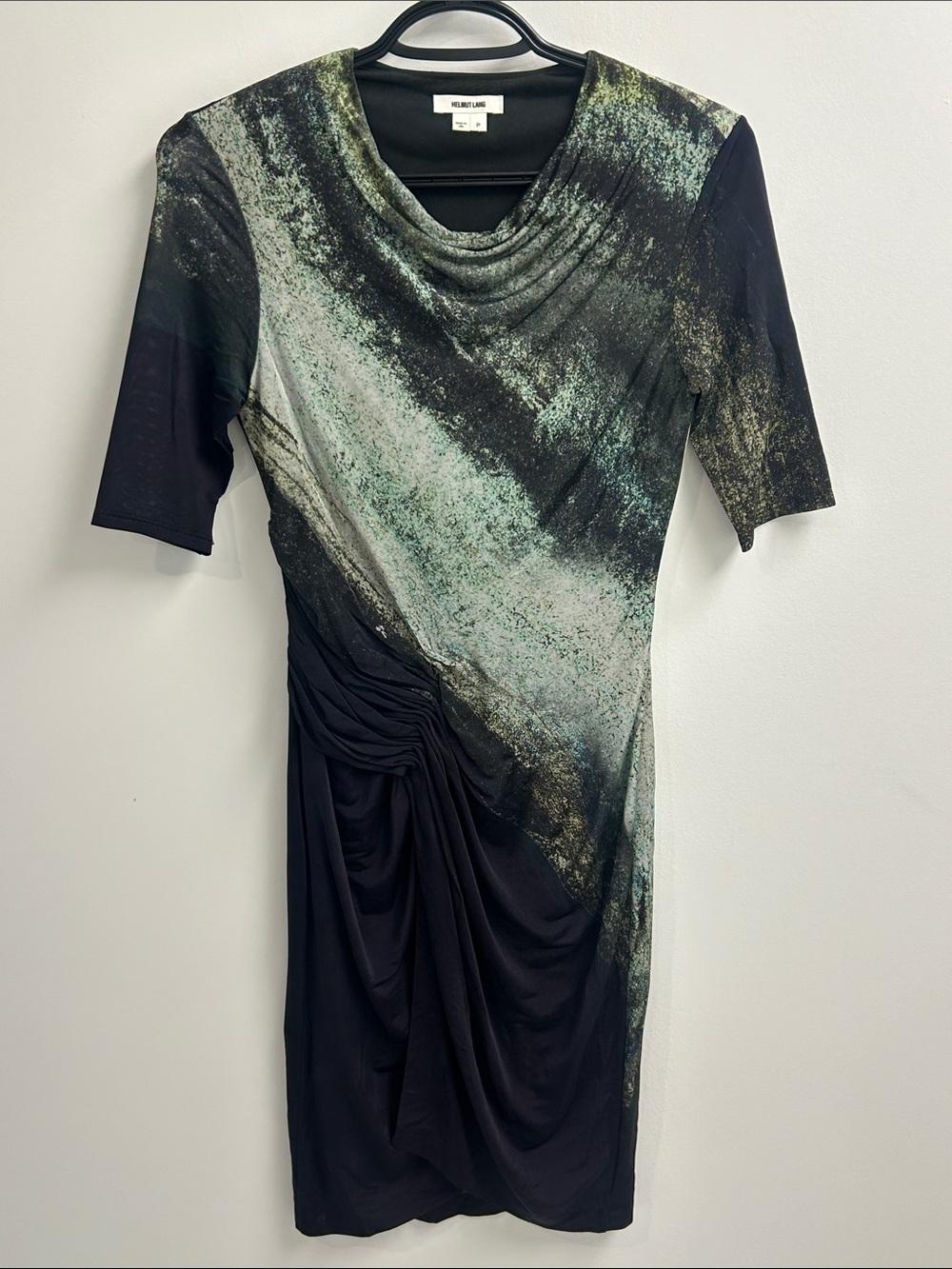 Helmut Lang Black and Green Wash Printed Ruched Sheath Dress
